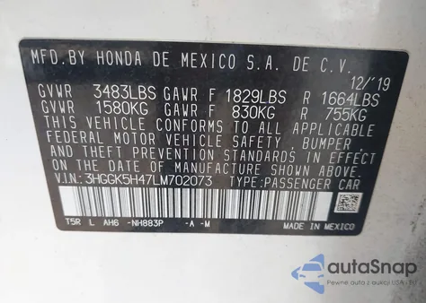 2020 Honda Fit Lx из США, поврежденный, VIN 3HGGK5H47LM702073